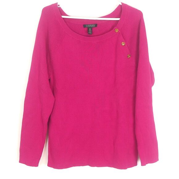 Lauren Ralph Lauren Cotton Sweater Women's 2X Pink Knit Boatneck Gold Buttons - Picture 1 of 10